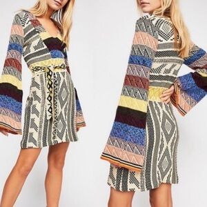Free People Bell Sleeve Patchwork Knit Sweater Dress, Sz M